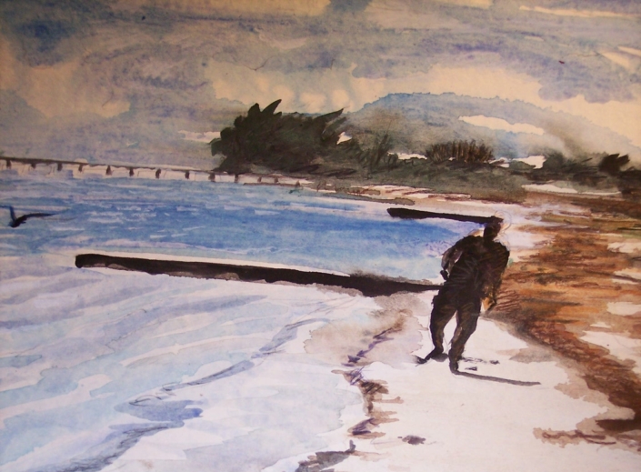Painting of a person walking along a shoreline with a pier in the distance